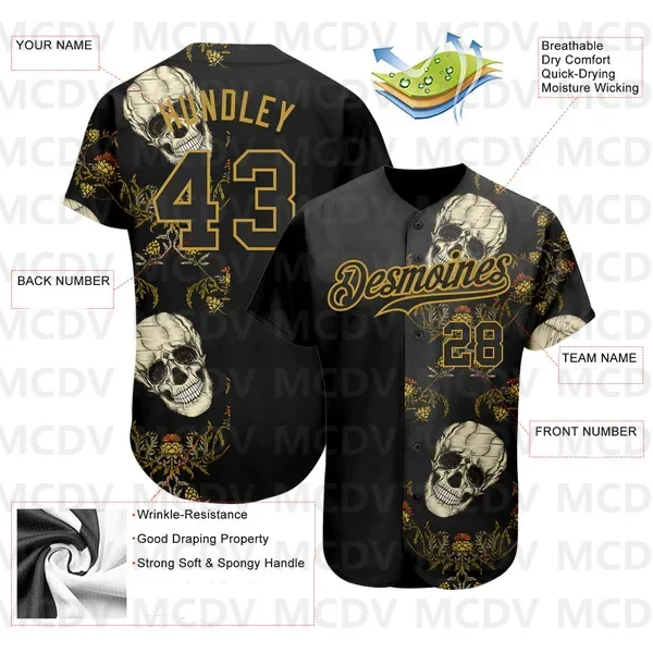 Mens Fashion Baseball Jersey - Custom Black Old Gold 3D Plant