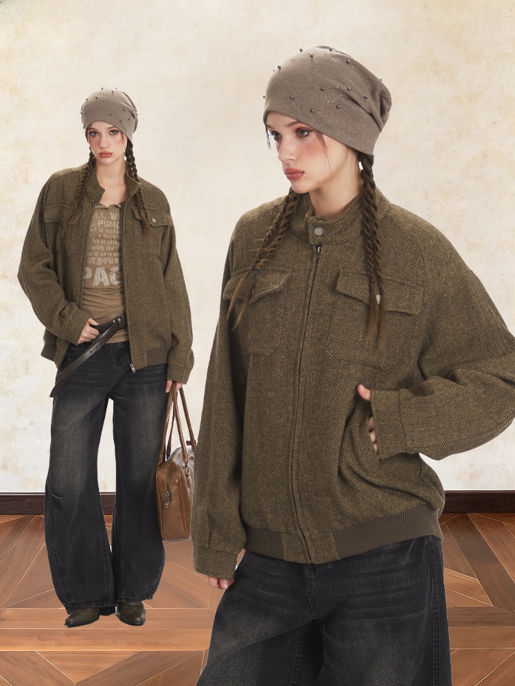 Harrington Jacket - Korean Style Loose Woolen Stand Collar