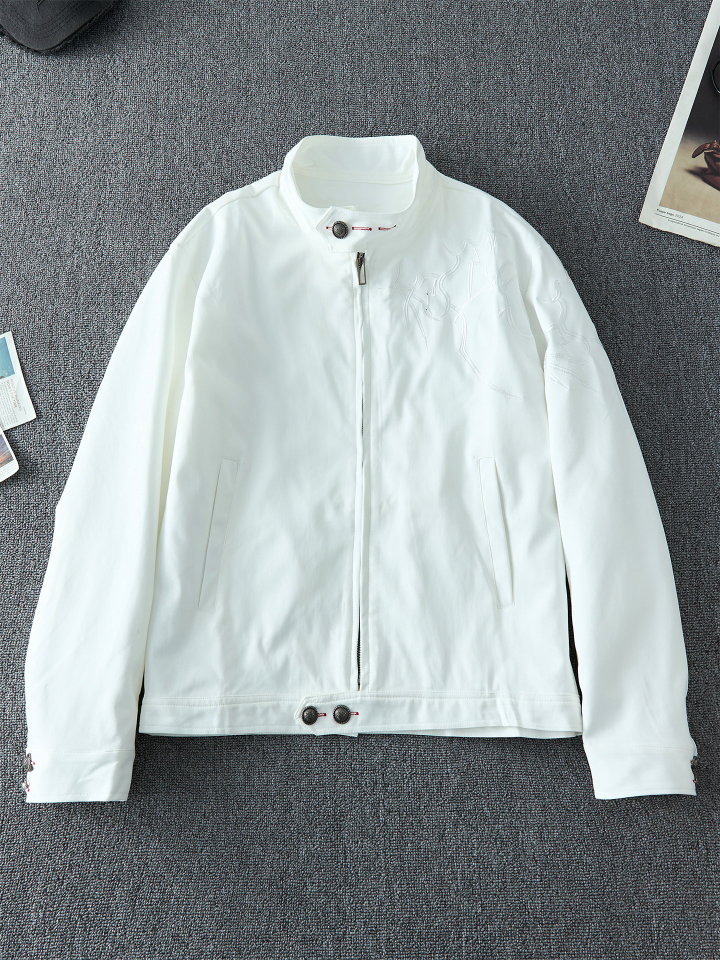 Harrington Jacket - White Embroidered Short Baseball Style Jacket