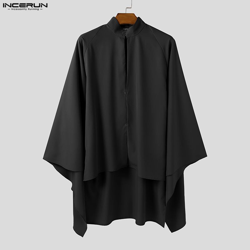 Mens Fashion Poncho - INCERUN Men Shirt Solid Color Stand