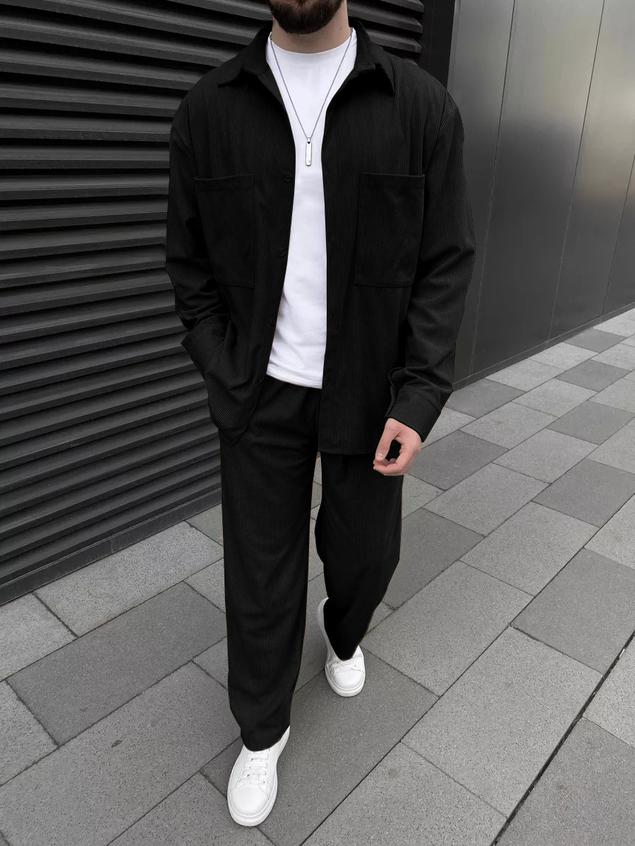 Men'S Spring Fashion - Men's corduroy two-piece outfit: long-sleeved button-down